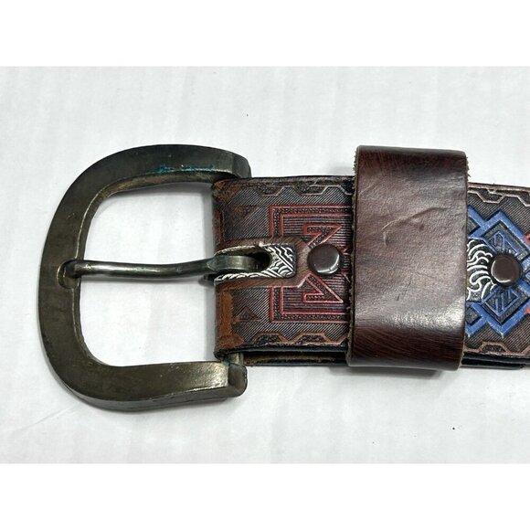 Western Saddle Leather Belt 32 Hand Painted Tooled Embossed Aztec Brass Buckle - Picture 13 of 14